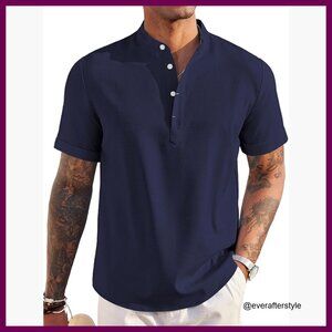 Linen Henley Shirt Short Sleeve Casual Summer Beach Button Down